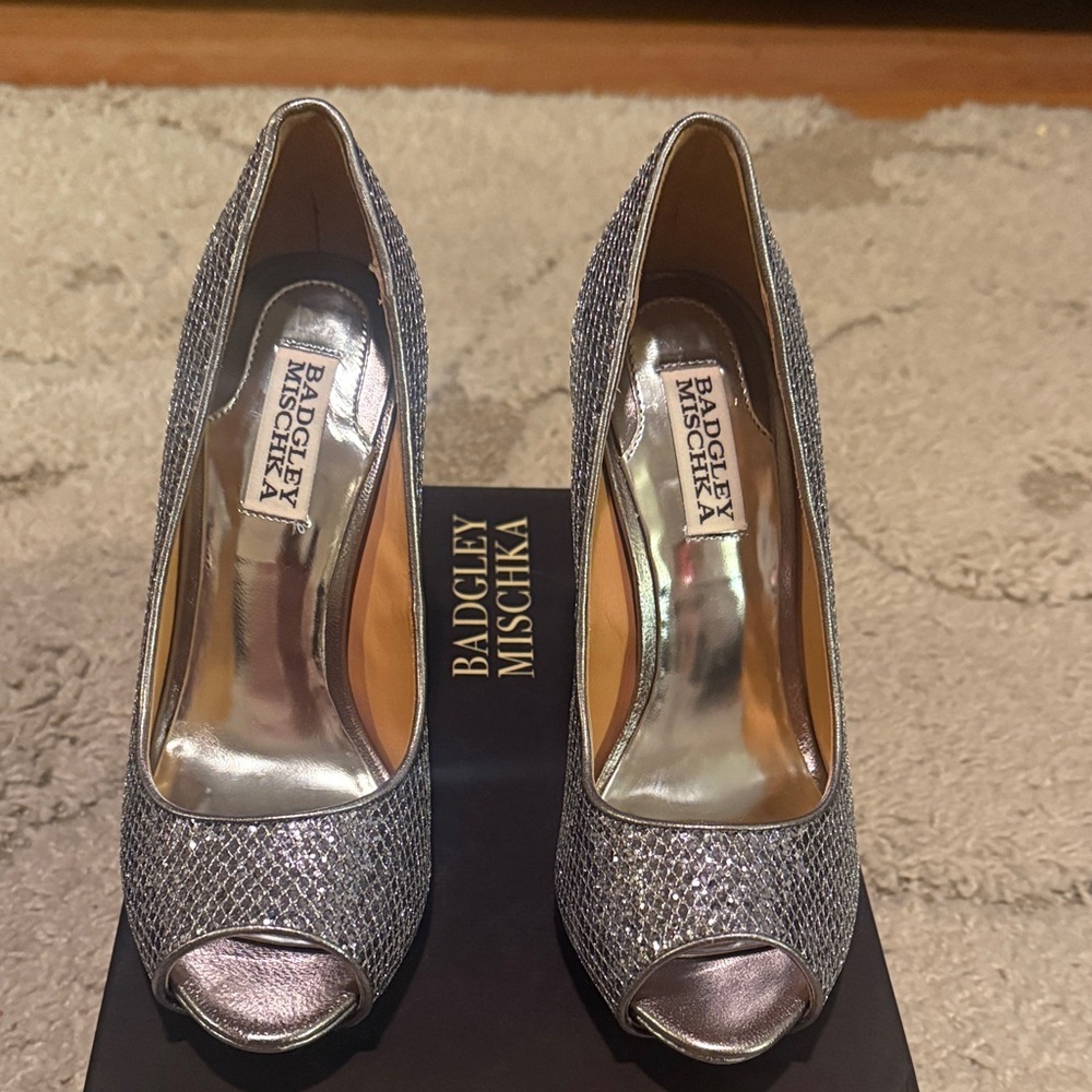 Badgley Mischka Glittering Silver Peep-Toe Heels-4 inch heels-New and never worn
